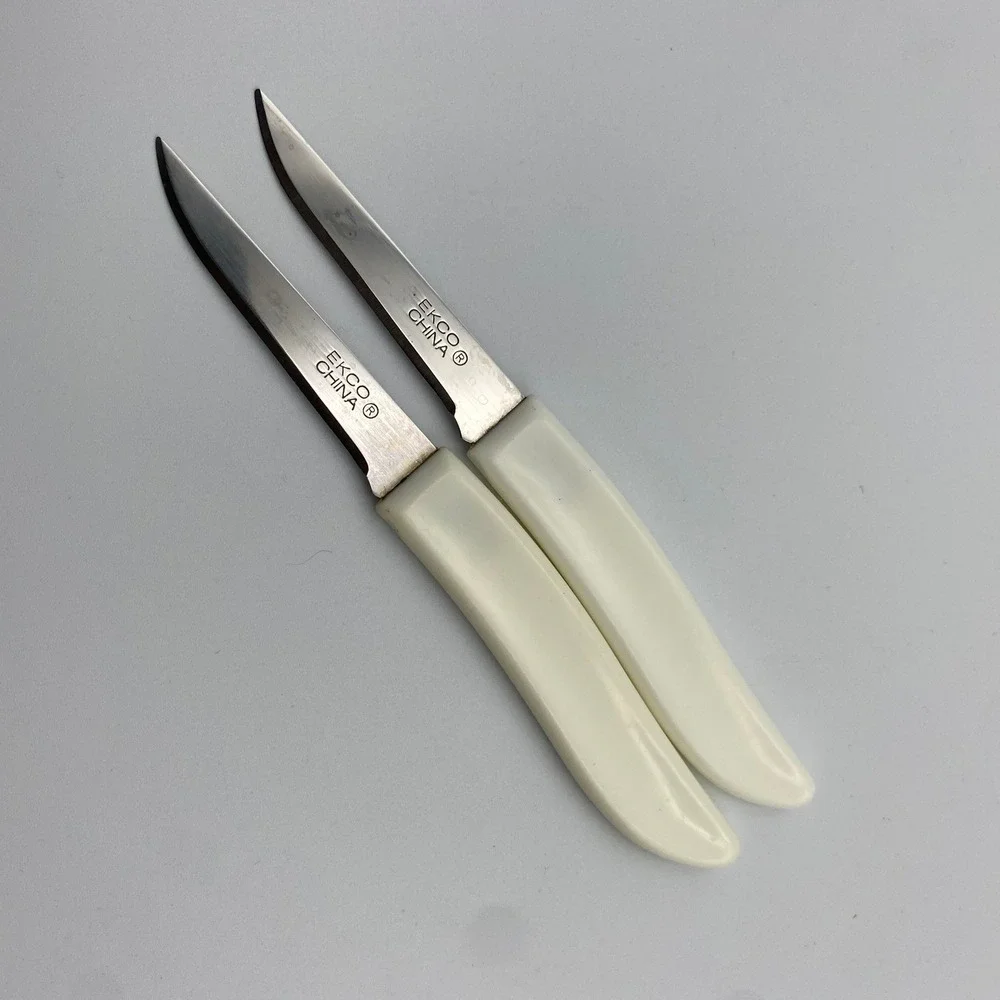 Vintage EKCO Paring Knives Set of 2 Stainless Steel Cream White Plastic Handles